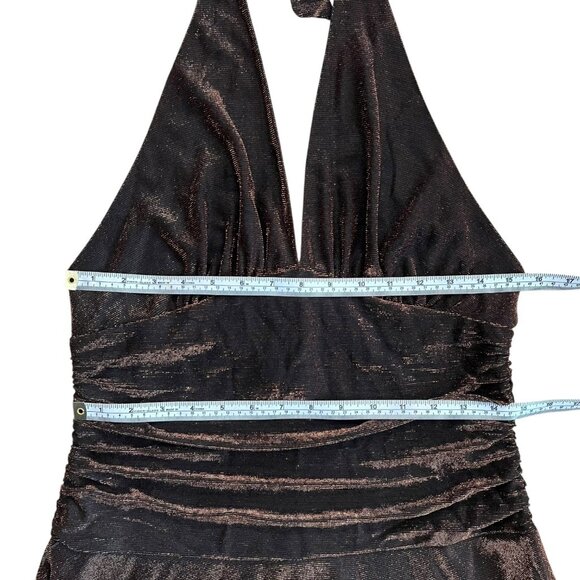 Vintage Y2K Metallic Halter Ruched Mini Dress Bronze Large Glam Party Holiday - Picture 7 of 8